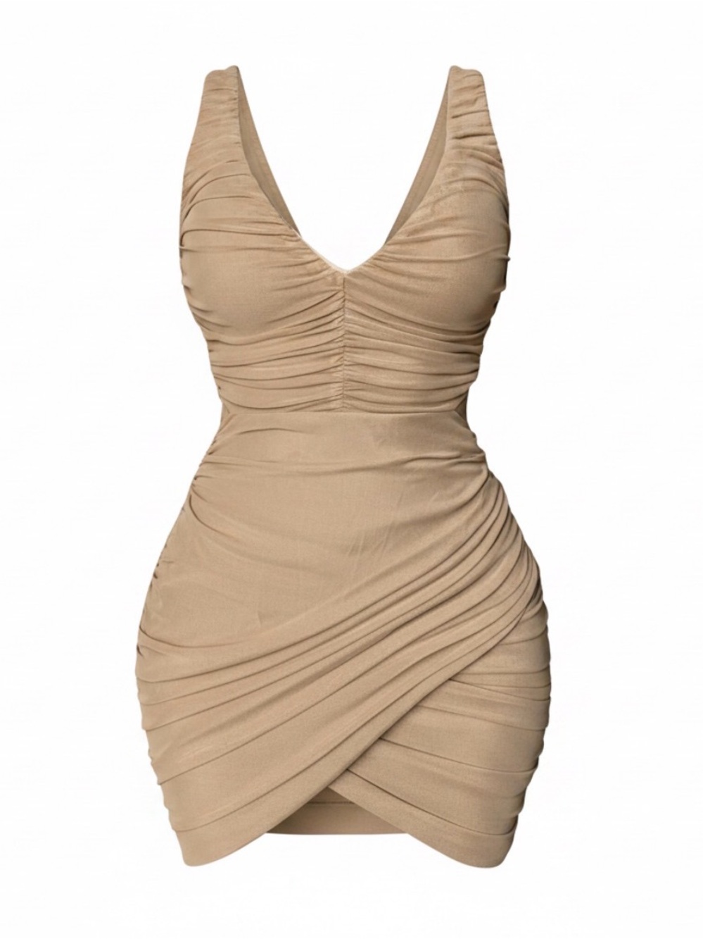 Fashion Nova Ruched V-Neck Bodycon Cutout Mini Dress in Beige
